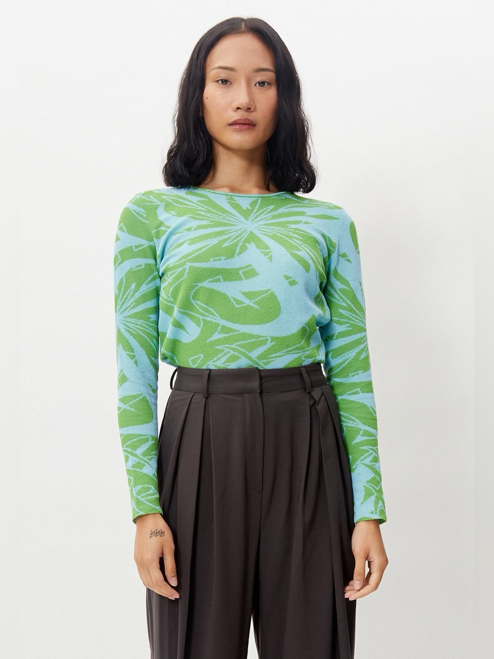 Paloma Wool Xque Knit Long Sleeve Top Blue and Green Abstract Floral
